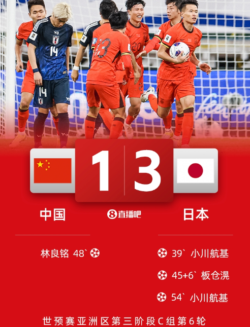 世亚预-国足1-3不敌日本，林良铭破门，小川航基头球双响