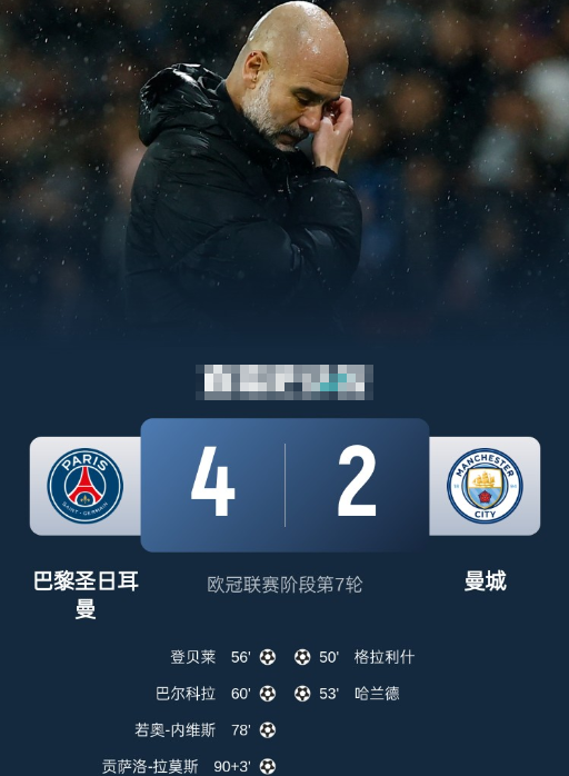 欧冠-曼城被射26脚2-4遭巴黎逆转濒临出局 巴尔科拉4分钟传射 欧冠-曼城被射26脚2-4遭巴黎逆转濒临出局 巴尔科拉4分钟传射
