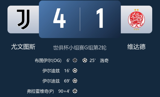 世俱杯-尤文4-1维达德暂居小组第一 伊尔迪兹双响+造乌龙 DV9点射 世俱杯-尤文4-1维达德暂居小组第一 伊尔迪兹双响+造乌龙 DV9点射